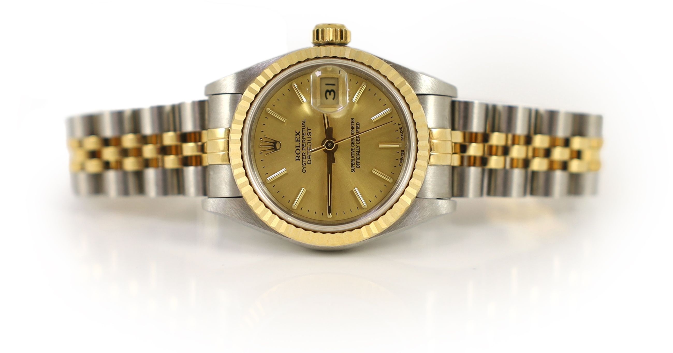 A lady's early 1990's steel and gold Rolex Oyster Perpetual Datejust wrist watch, on steel and gold Rolex bracelet